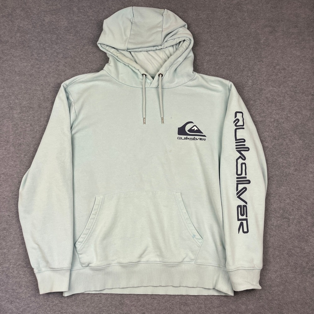 Quiksilver Hoodie Mens Medium Light Blue Logo Pullover Graphic Long Sleeve